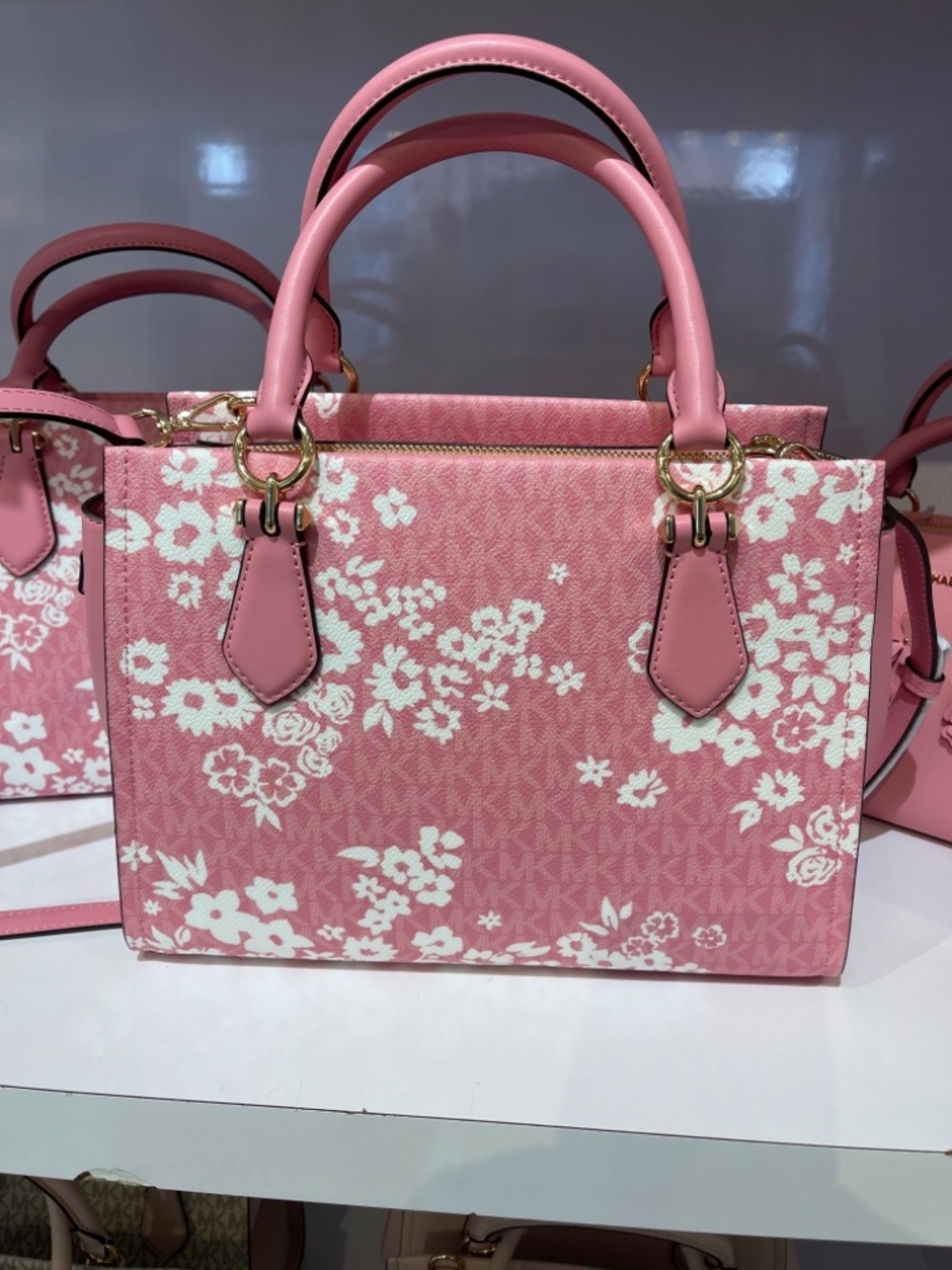 MICHAEL KORS Marilyn Medium Printed Signature Logo Satchel Crossbody Carnation - Picture 12 of 16